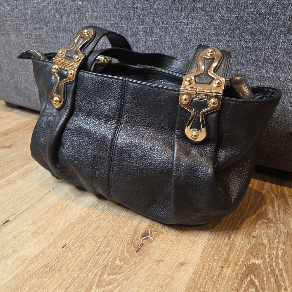 Michael Kors Joplin Black Pebbled Leather Tote Gold Tone Studded Shoulder Bag